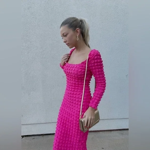 ANTONIO MELANI Bubble Smocked Knit Square Neck Long Sleeve Midi Bodycon Dress - Picture 8 of 9